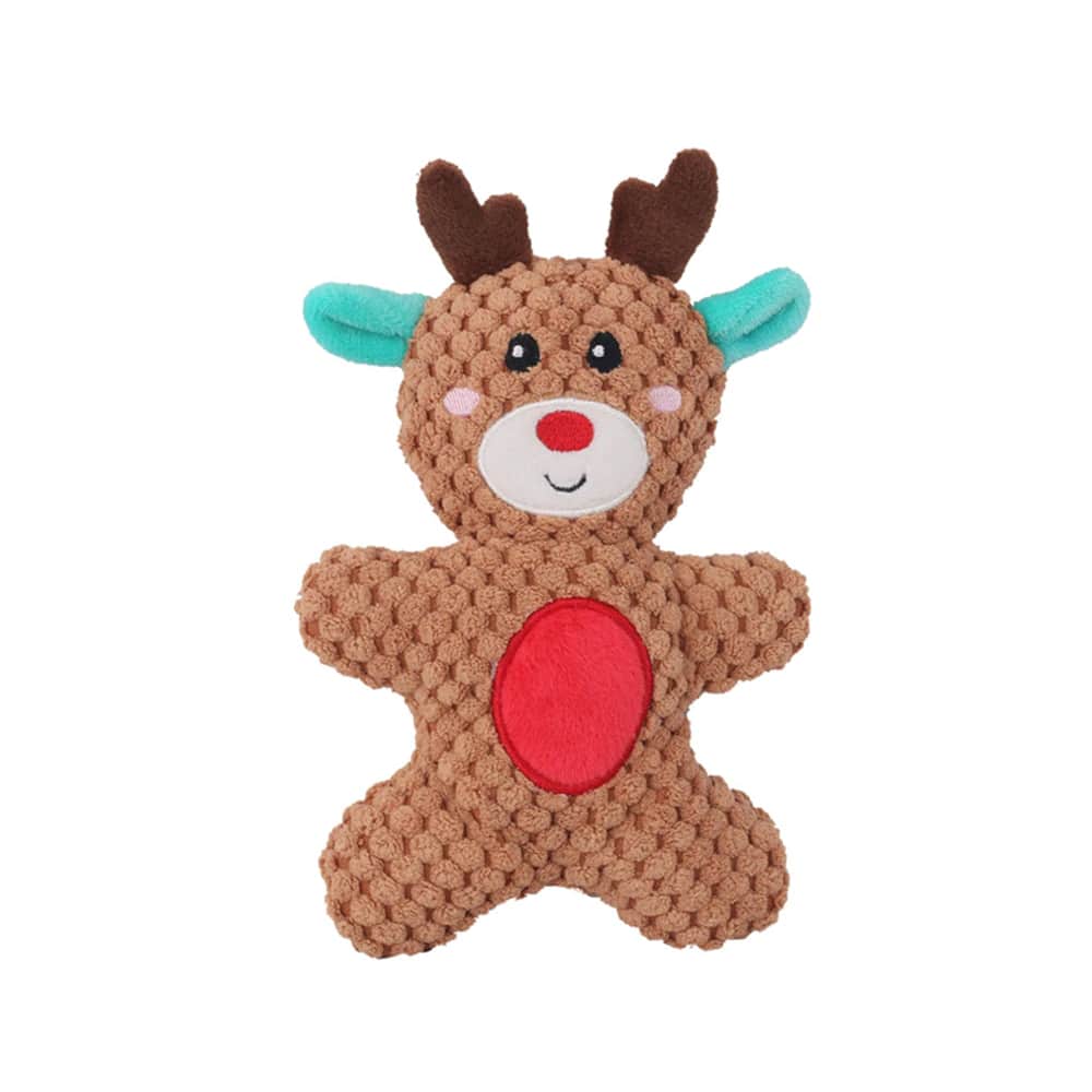 Brown deer plush with green ears, red nose and belly