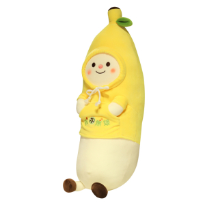 Plush banana pillow with skin as hoodie in yellow