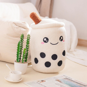 White Bubble tea plush, round and smiling, with little black dots on the belly