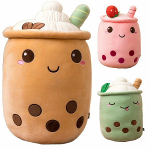 smiling buuble tea plush with a straw in three different colours: brown, pink and green