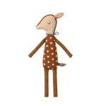 Soft toy in the shape of a small brown deer with white spots on the body