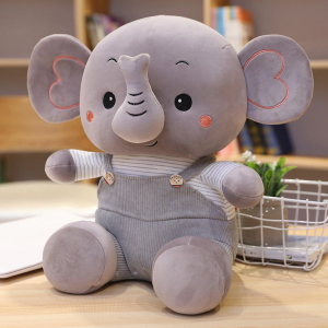 Elephant plush in colourful overalls