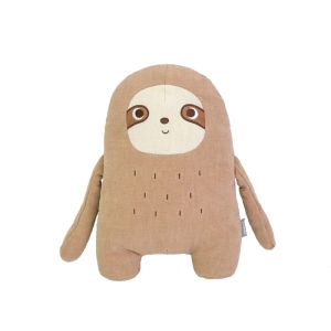 A brown and beige cotton sloth plush on a white background