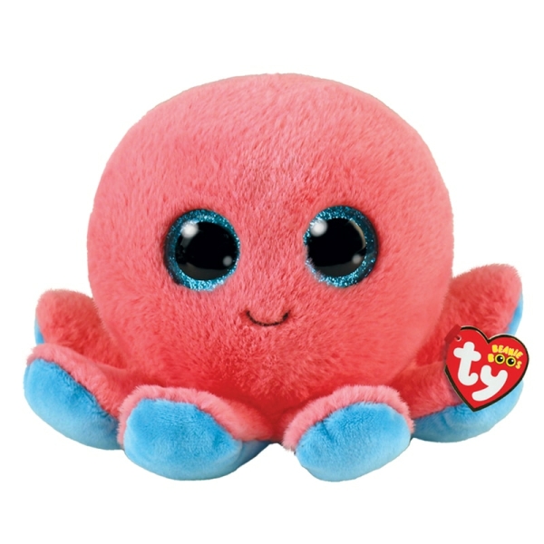 Small plush octopus. Coral coloured body, blue tentacles underneath. Two bright blue and black eyes. On a white background.
