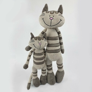 Two grey tabby cats, standing on a grey background