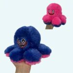 Two octopus plushies held in two hands. An angry blue one and a happy pink one. In the middle a turn arrow. White background