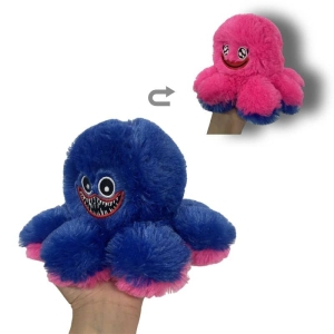 Two octopus plushies held in two hands. An angry blue one and a happy pink one. In the middle a turn arrow. White background