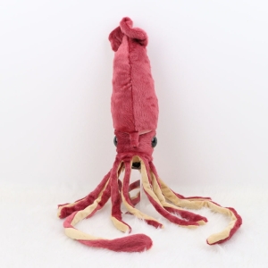 A pink octopus plush with long tentacles standing on a white background.