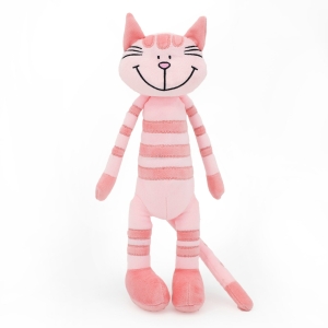 A pink tabby plush cat standing on a white background.