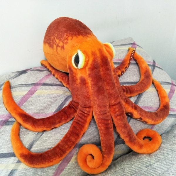 An orange octopus plush on a diamond cushion on a white background.