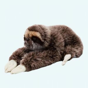 A soft brown plush sloth on a white background