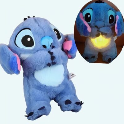 Breathing blue Stitch plush with a representation of its lit, breathing belly