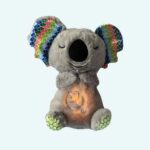 Breathable grey koala plush with colorful ears and illuminated belly