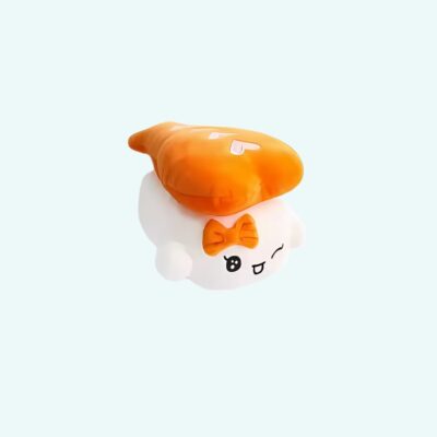 Plush toy shaped like a sushi with a white base representing rice and a joyful face, featuring a small orange bow. The top is a bright orange piece mimicking a salmon slice. The whole plush is cute and expressive.