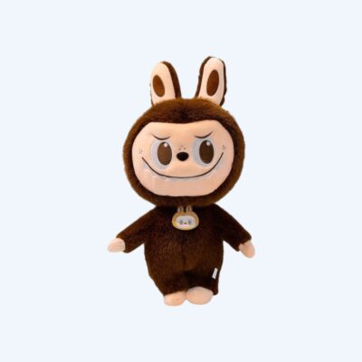 Large Labubu-style plush in a brown animal costume with a mischievous face, on a neutral background