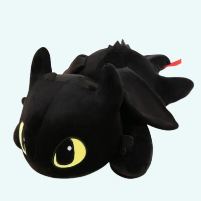 Giant black dragon plush of Toothless on white background
