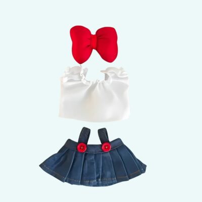 Outfit set for Labubu plush with denim skirt with red buttons, white blouse and red bow on light blue background