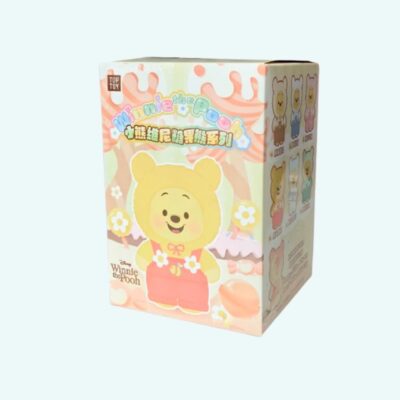 Labubu-style Winnie plush in mystery box on light blue background