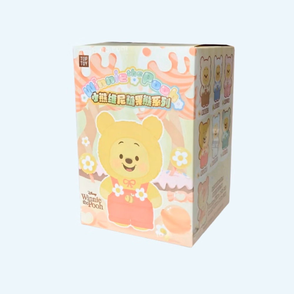 Labubu-style Winnie plush in mystery box on light blue background