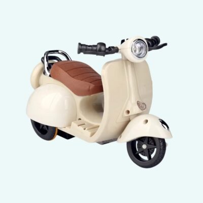 Electric scooter for Labubu-style plush toy in beige Vespa style on light blue background.