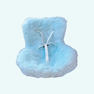Car seat for Labubu-style plush toy in blue with white straps. On light blue background.