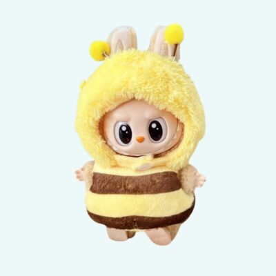 Original outfit for Labubu plush in yellow with bee pattern on light blue background