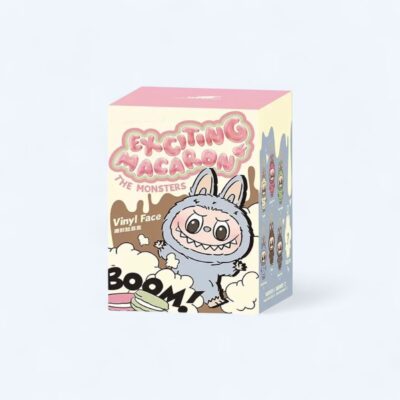 Cardboard box with a gray Labubu drawing and pink and black text
