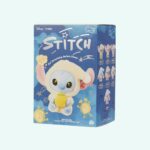 Blue cardboard box with a Stitch in yellow pajamas illustrated on it, on a sky blue background