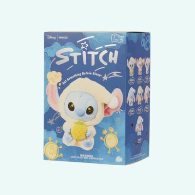 Blue cardboard box with a Stitch in yellow pajamas illustrated on it, on a sky blue background