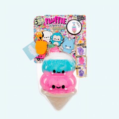 Fluffie Stuffiez plush in the shape of a pink and blue ice cream cone on a white background