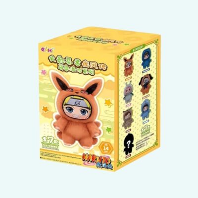 Naruto Plush Labubu Style Mystery Box. Set against a sky-blue background. The box is yellow with the Naruto plush featured on the front.