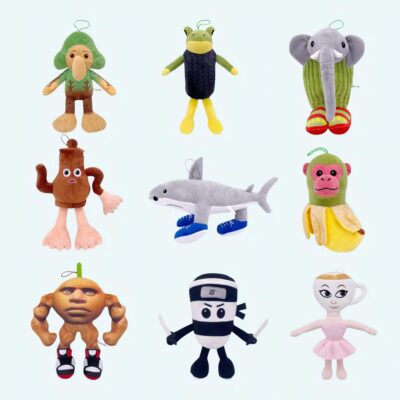 9 plush toys with absurd and colorful shapes representing “italian brainrot” characters