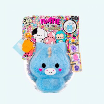 Fluffie Stuffiez plush shaped like a cute blue unicorn on a white background