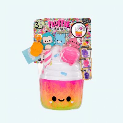 Fluffie Stuffiez plush shaped like a pink and yellow ice cream cup on a blue background