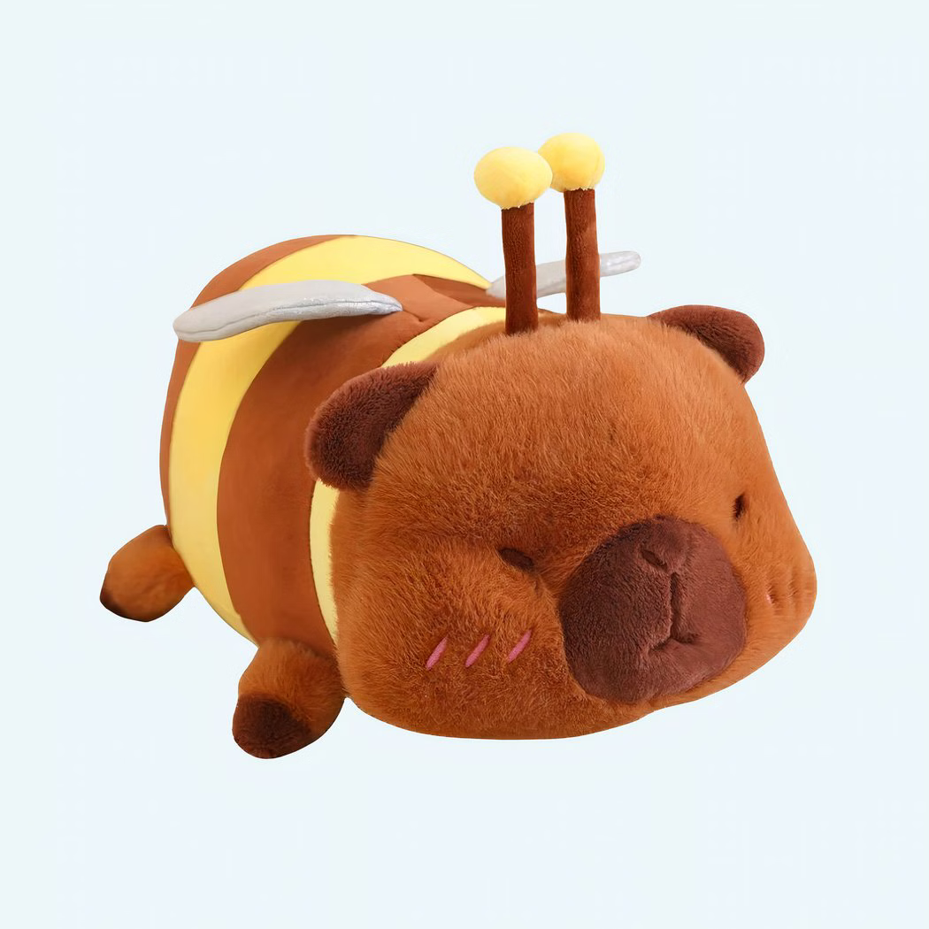 Img_06_2025_Peluche_Capybara_Deguise_En_Abeille_1.Jpeg Capybara plush dressed as a bee on a white background
