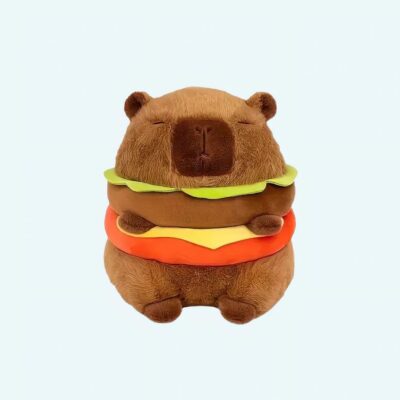 Capybara plush hamburger on a light blue background