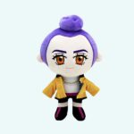 K-pop Demon Hunters plush Rumi with purple hair. She’s wearing a yellow jacket. On a plain sky blue background.