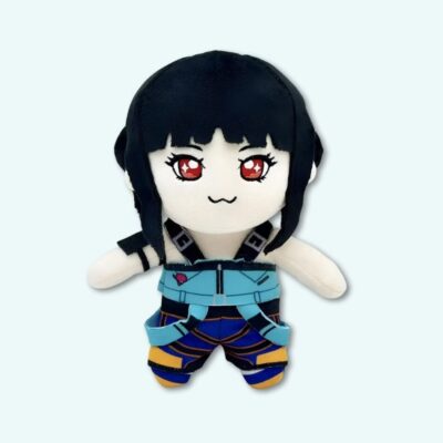K-pop Demon Hunters plush Zoey. Character with black hair and a blue outfit. On a sky blue background.