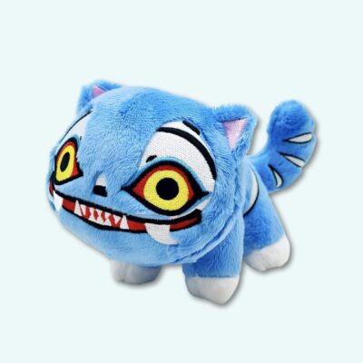 K-pop Demon Hunters plush funny blue tiger with yellow eyes. On a sky blue background.