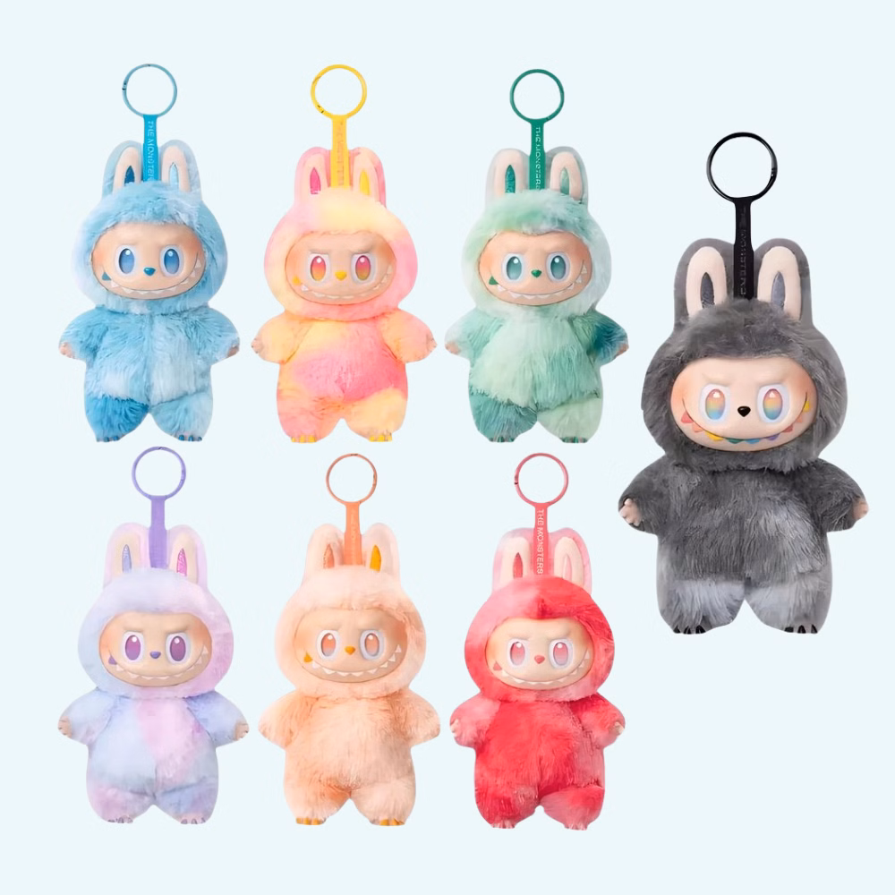 Img_09_2025_Peluche_Porte-Clef_Labubu_Couleurs_Pop_8.Jpg Labubu plush keychains in pop colors on a light blue background